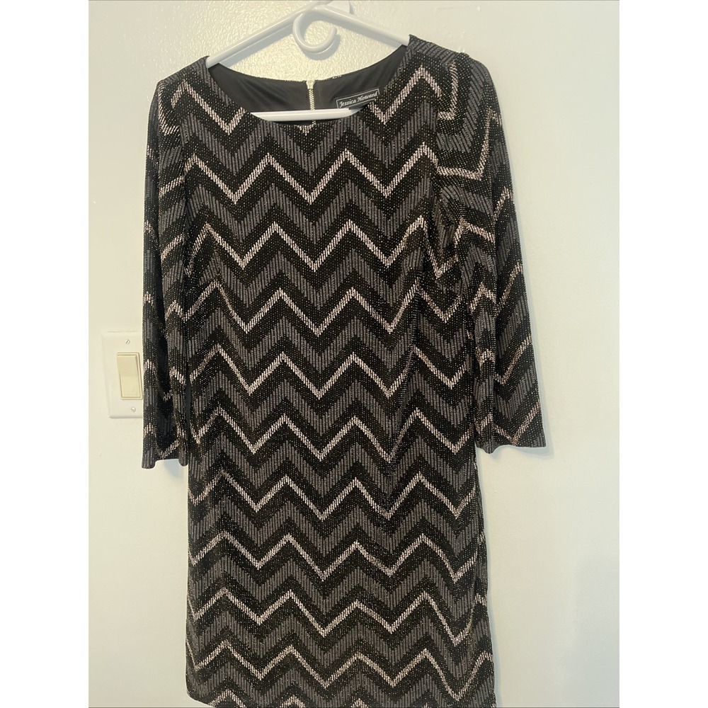 Jessica Howard Black Gold Silver Shimmer Chevron Long Sleeve Pencil Dress 10P